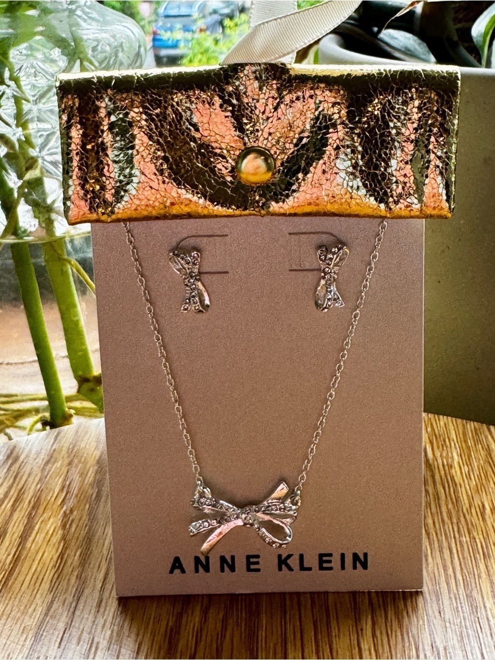 Anne Klein Silver Bow Necklace and Bow Stud Earrings Set